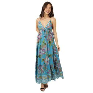 Angie Lagoon Blue Floral Print V Neck Tiered Maxi Dress C4E20-A921